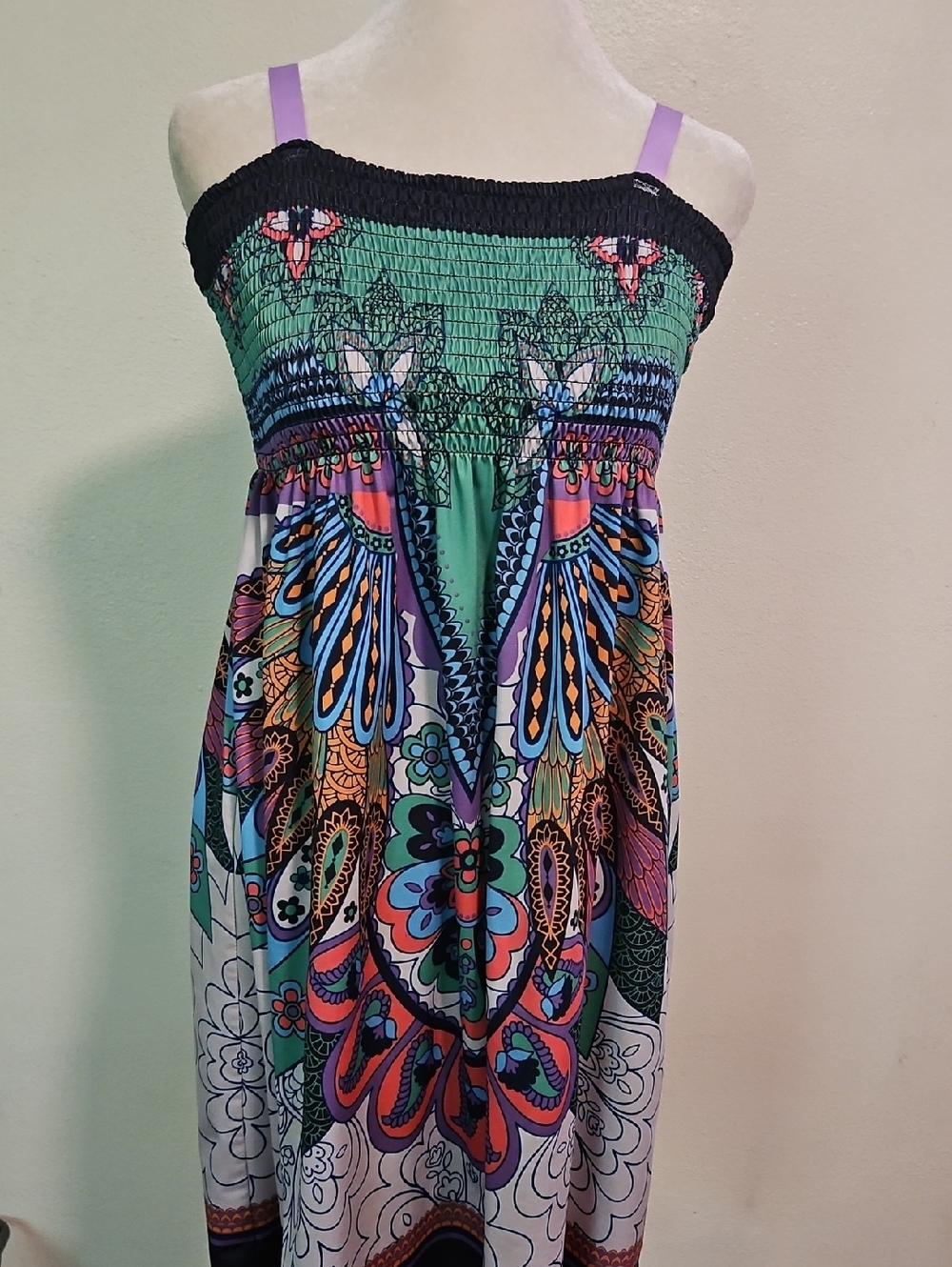 Flying Tomato Smocked Maxi Dress in Green and Multicolor L